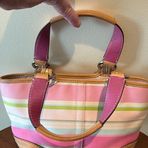 Coach Hampton striped mini bag  Vintage canvas pink green/2 color leather handle - Picture 5 of 15